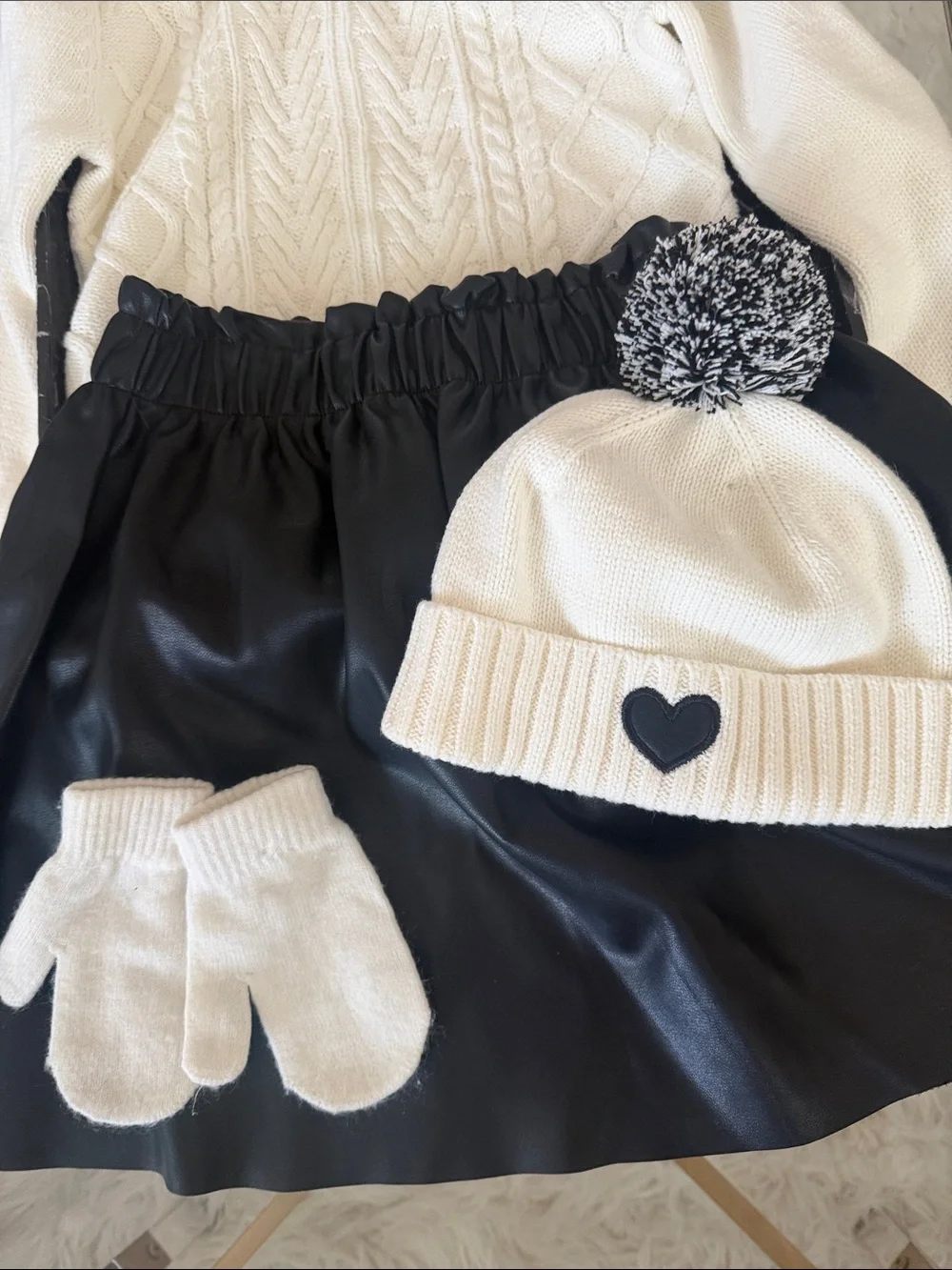 Cozy White Cable Knit Turtleneck Sweater with Faux Leather skirt (hat/mittens)